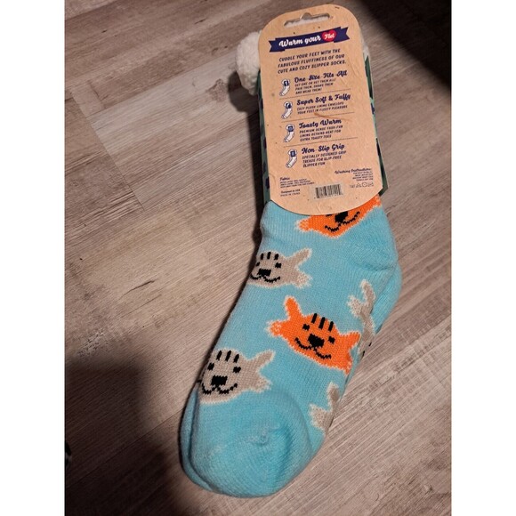 NWT Woolly Sox Slipper Socks Non-Slip Warm Faux Fur Orange Gray Cats One Size - Picture 2 of 2